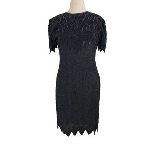 Lawrence Kazar Silk Black Beaded Evening Dress